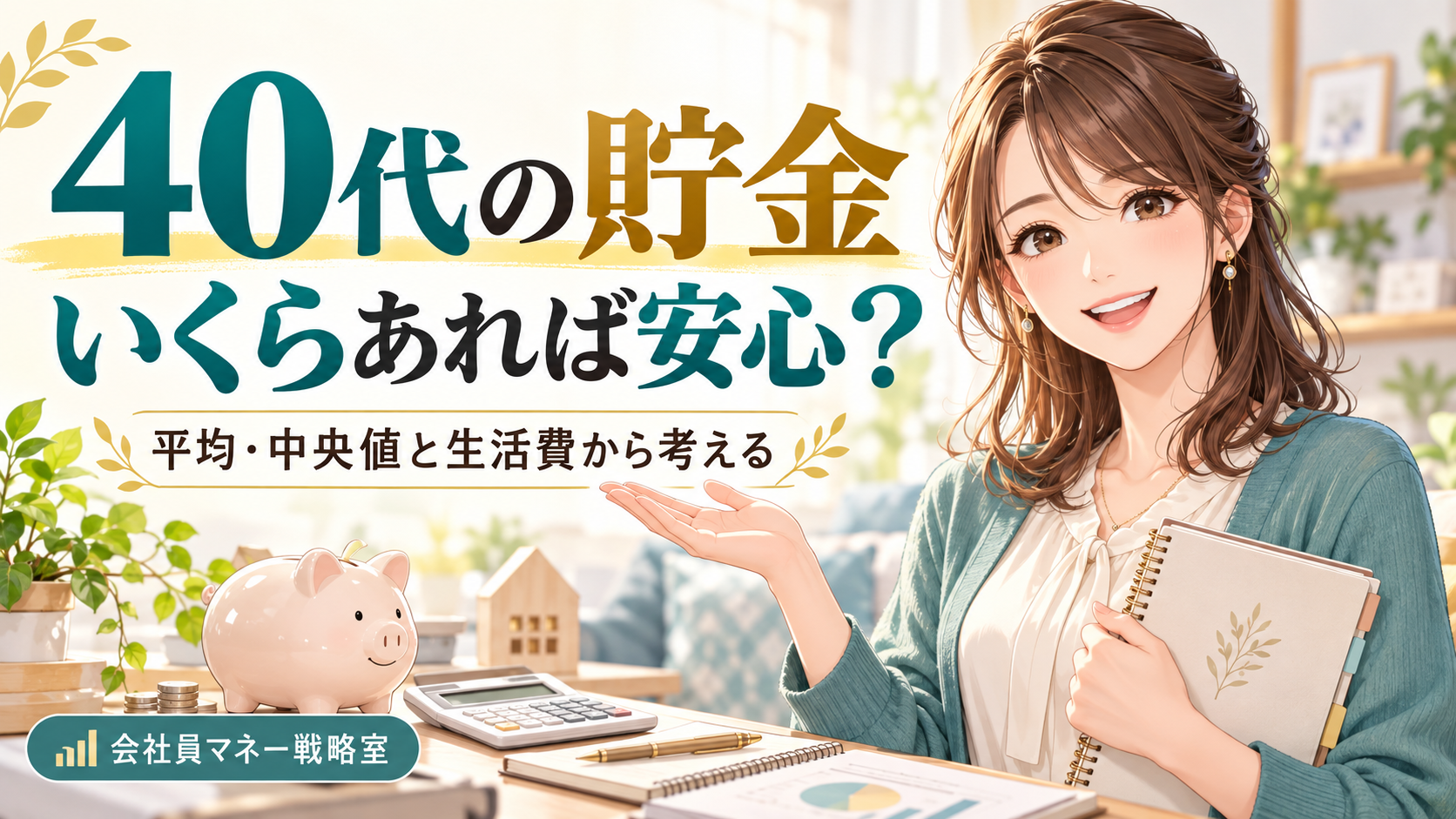 40代の貯金額を平均・中央値と生活費から考える記事のアイキャッチ。家計ノートを持つ女の子と、貯金箱・電卓を描いたイラスト。