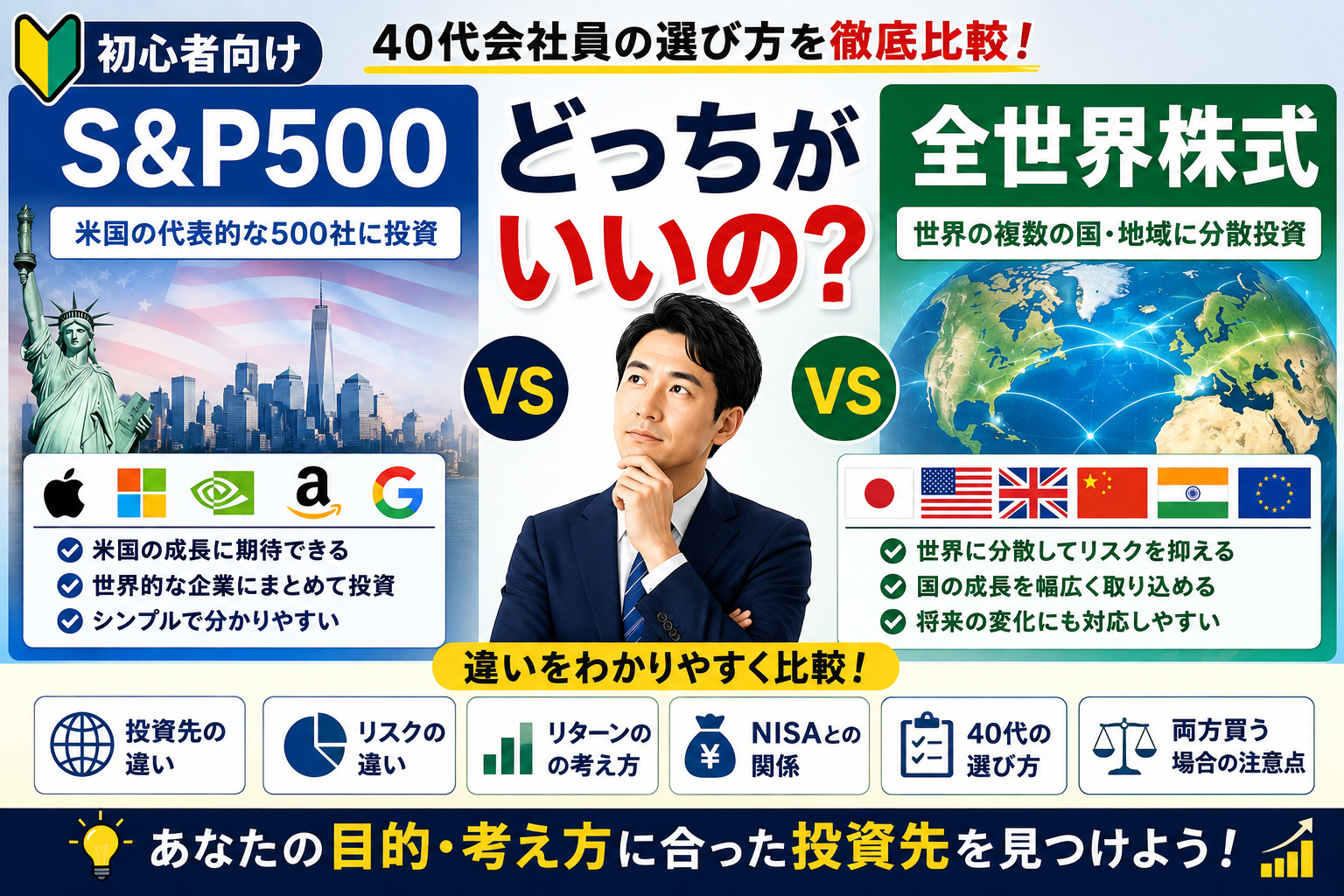 S&P500と全世界株式はどっち？40代会社員向けに違いと選び方を解説