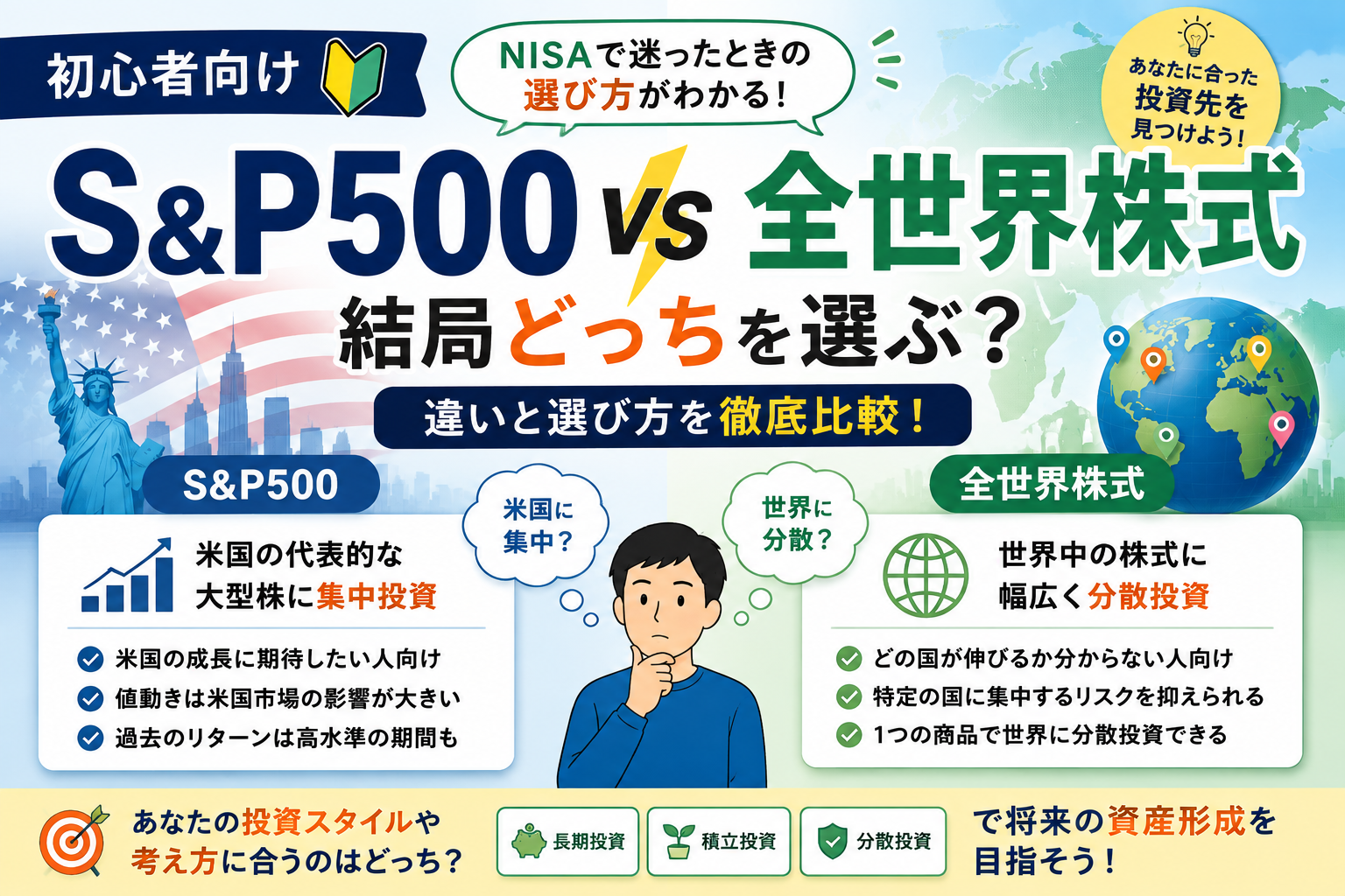 S&P500と全世界株式の違いと選び方を初心者向けに比較