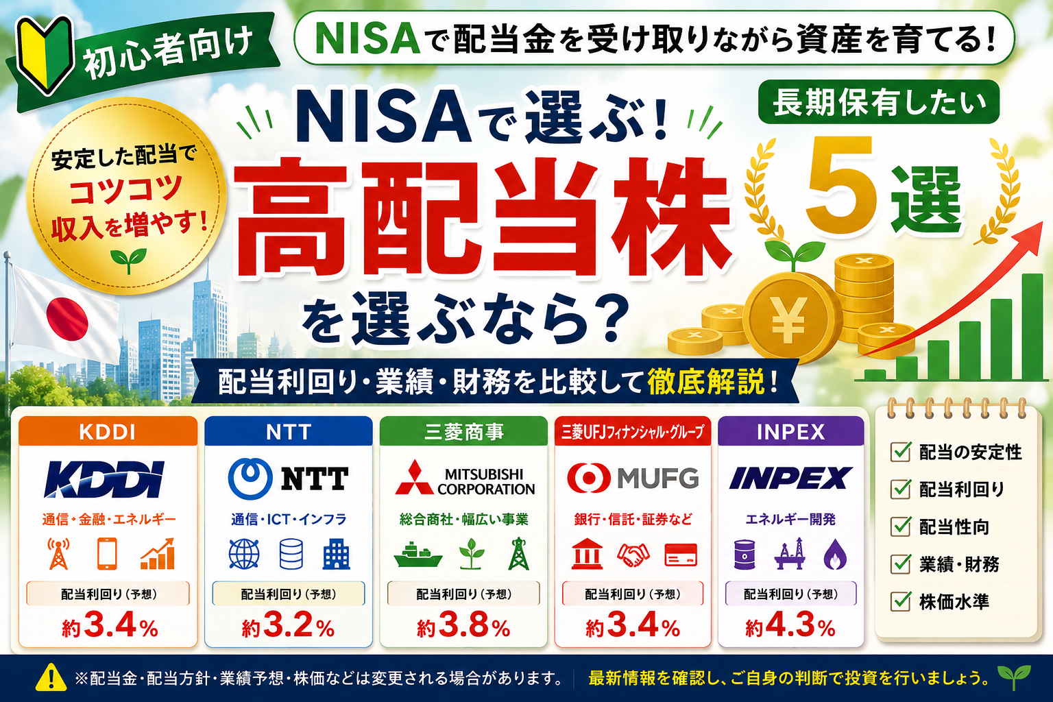 NISAで長期保有したい高配当株5社を初心者向けに比較