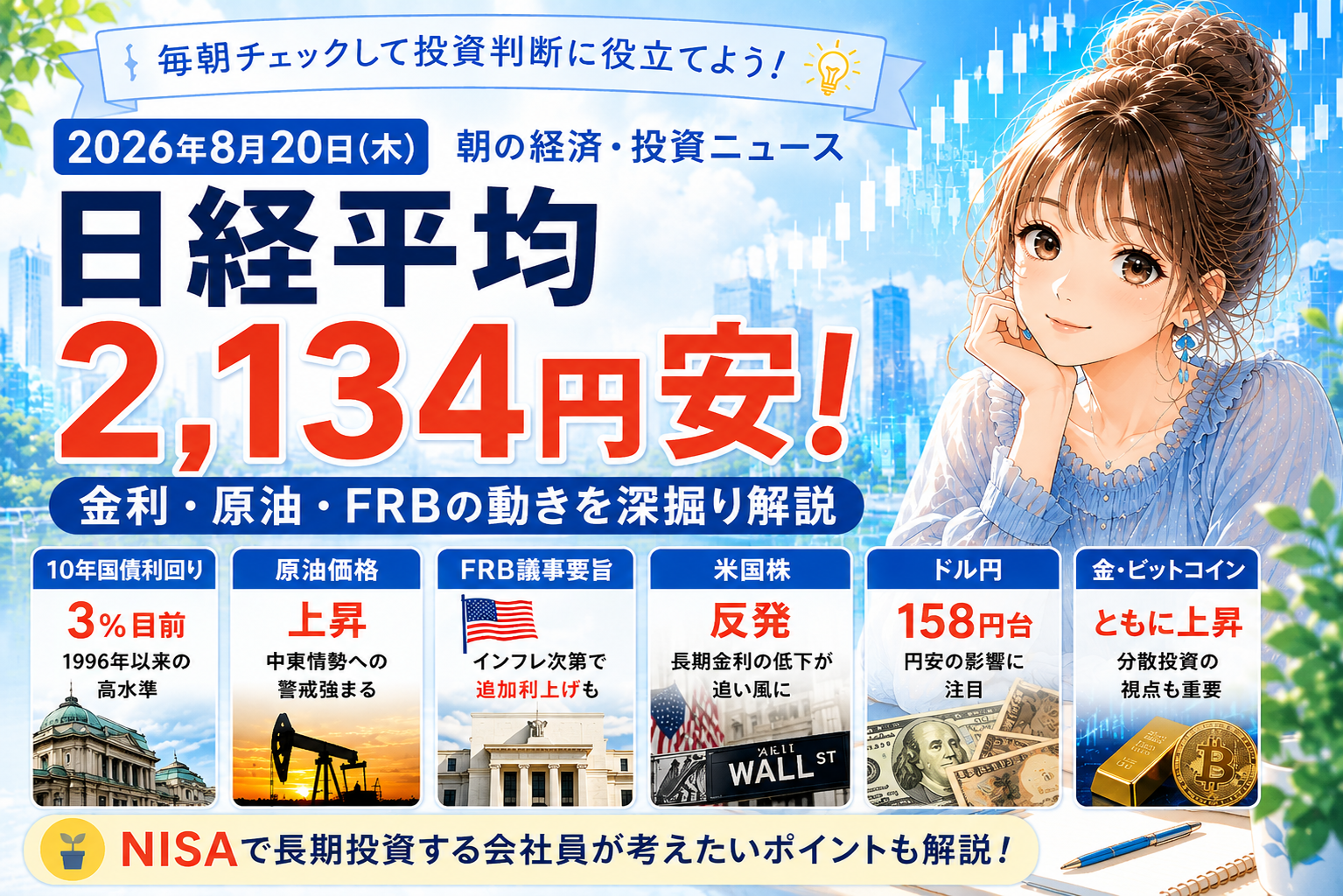 2026年8月20日の経済・投資ニュース。日経平均が2,134円安となり、金利・原油・FRB・米国株・為替・金・ビットコインの動きを解説