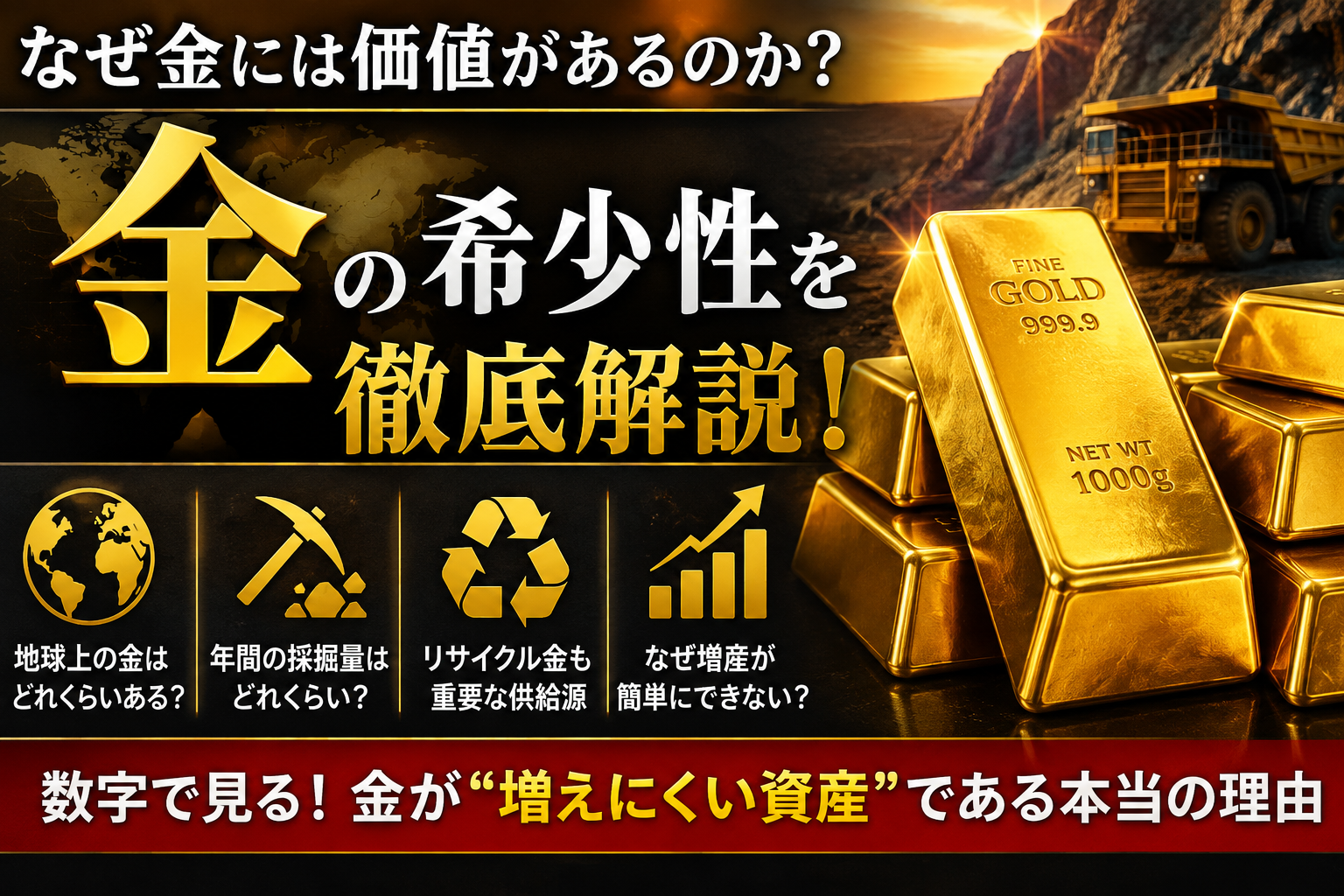 「金の希少性をテーマにした金融ニュース風のアイキャッチ。金鉱山と採掘トラック、金の延べ棒を背景に、『なぜ金には価値があるのか？』『金の希少性を徹底解説！』と大きく表示。年間採掘量、リサイクル、増産の難しさなどを紹介。」