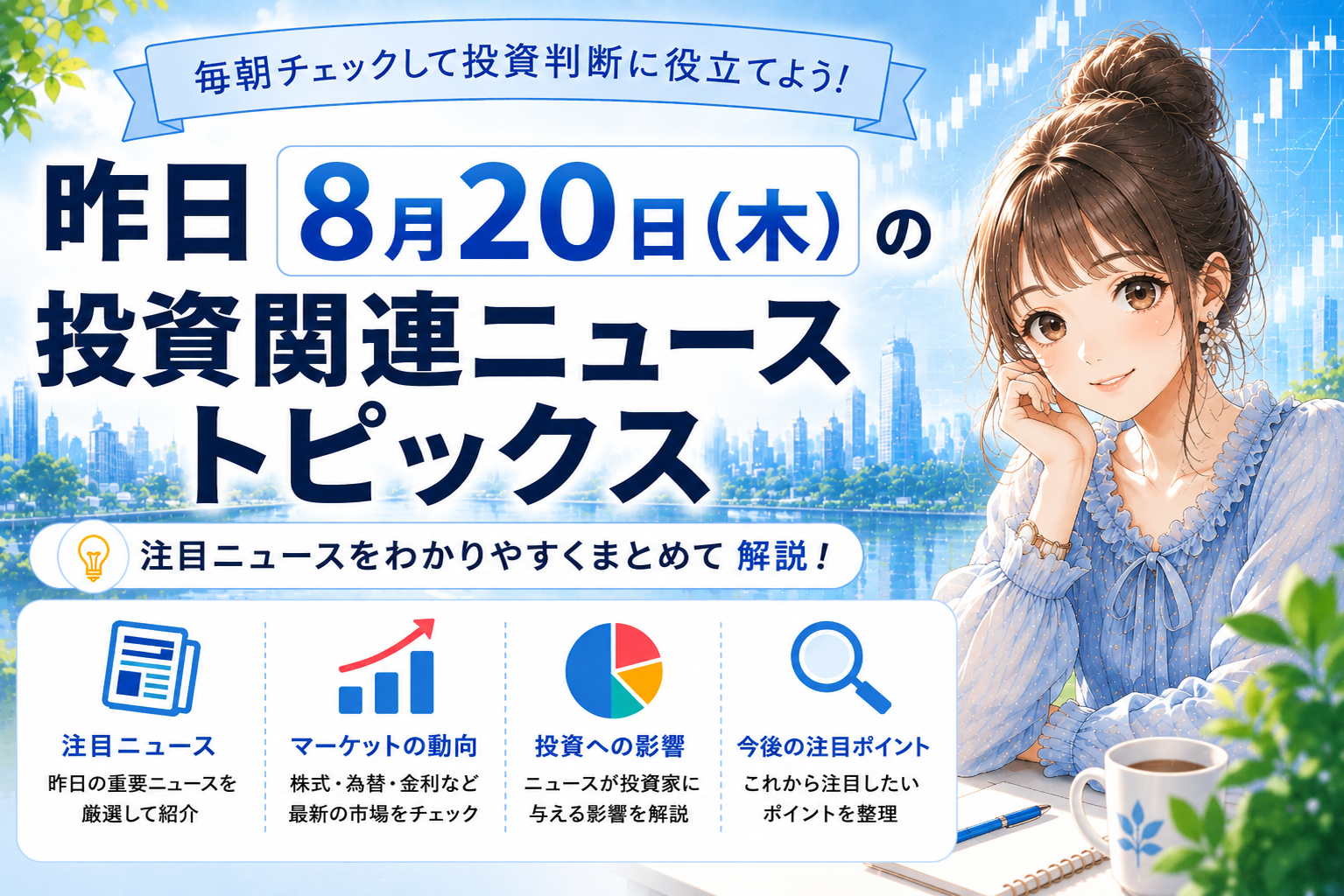 「8月20日の投資関連ニュースをまとめた朝刊風のアイキャッチ。透明感のある女性キャラクターを右側に配置し、株価チャートや都市風景を背景に『昨日8月20日（水）の投資関連ニューストピックス』と表示。注目ニュース、マーケットの動向、投資への影響、今後の注目ポイントを紹介。」