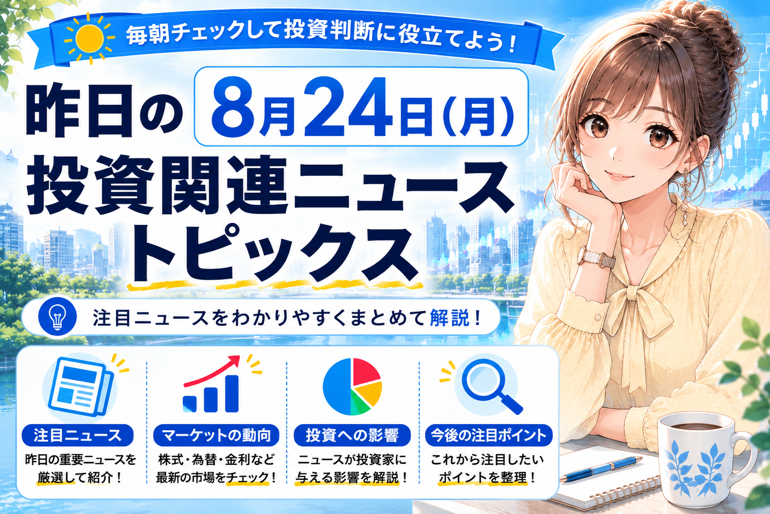 8月24日（月）の投資関連ニュースを紹介する朝の記事