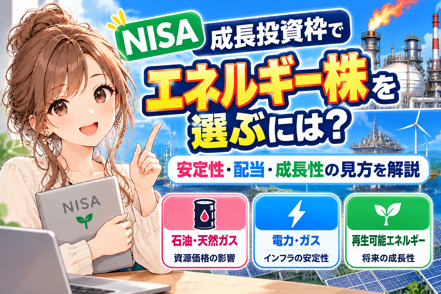 NISA成長投資枠でエネルギー株を選ぶポイントを解説する女の子のイラスト