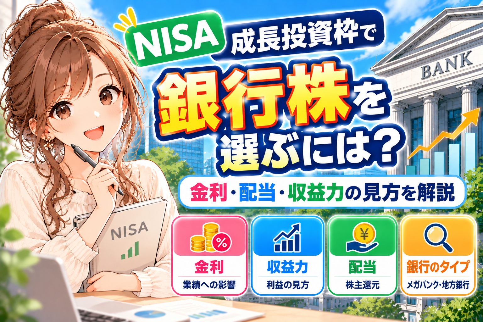 NISA成長投資枠で銀行株を選ぶポイントを解説する女の子のイラスト