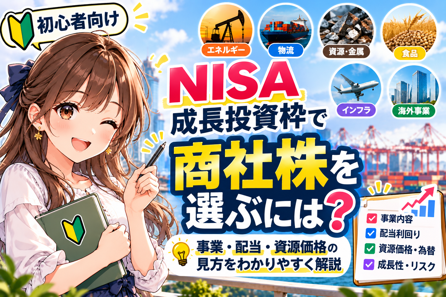 NISA成長投資枠で商社株を選ぶポイントを解説する女の子のイラスト
