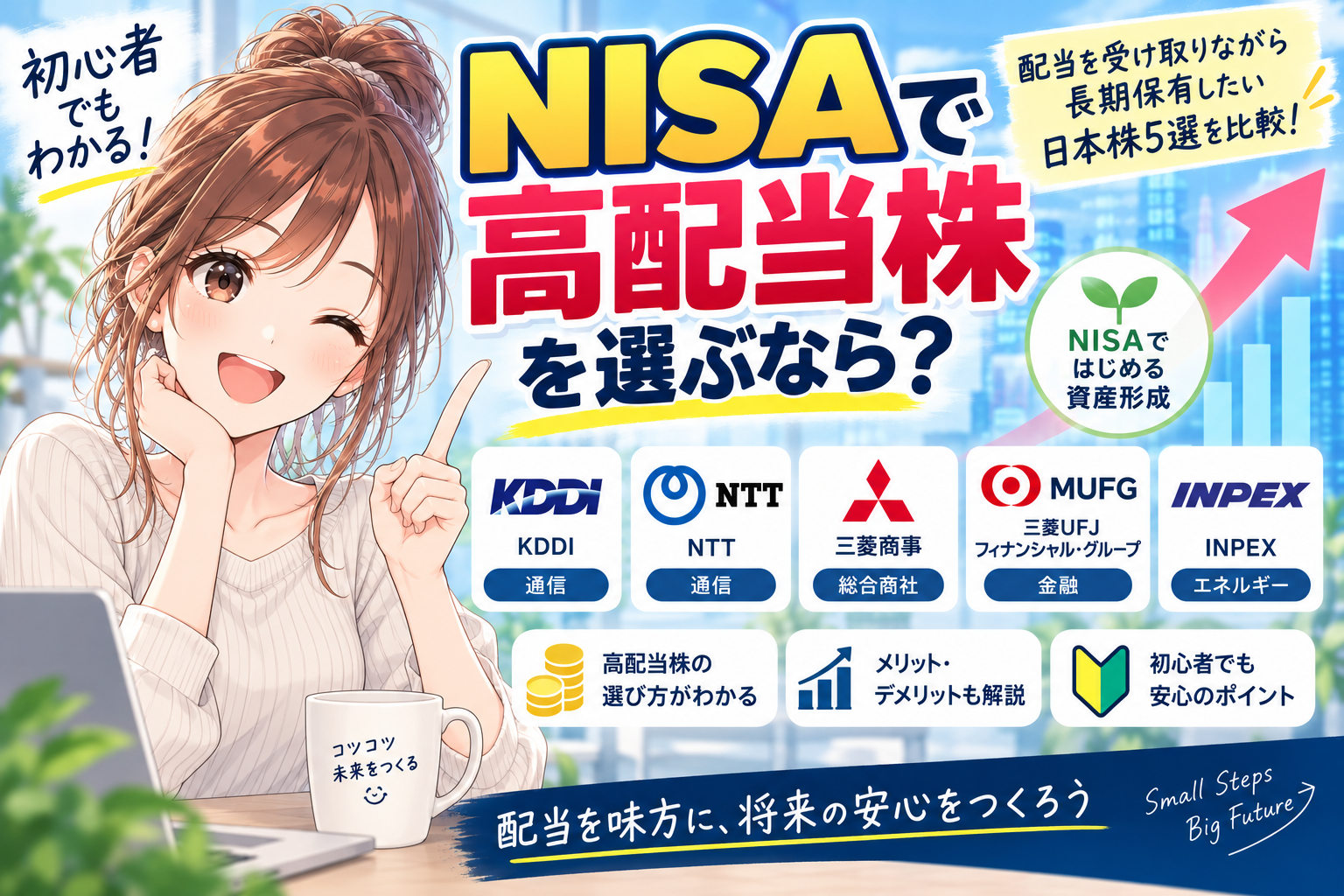 NISAで長期保有を検討したい高配当株5社を女性キャラクターとともに紹介する画像