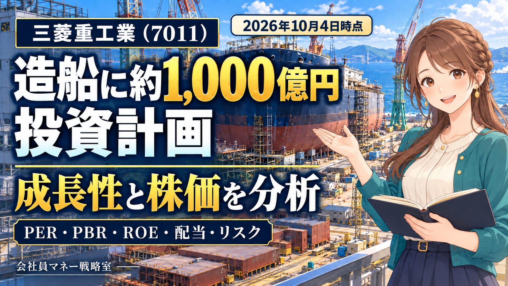 三菱重工業（7011）の約1,000億円の造船投資計画と、成長性・株価・配当・リスクを分析する記事のアイキャッチ。造船所を背景に女性の案内役を配置。2026年10月4日時点。