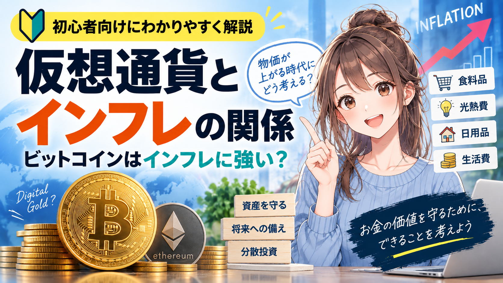 仮想通貨とインフレの関係、ビットコインの特徴を初心者向けに解説。