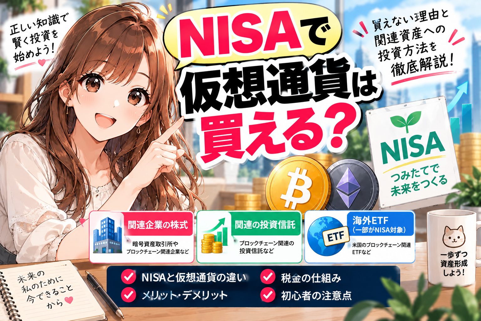 NISAで仮想通貨を買えるのか、関連資産への投資方法を解説。