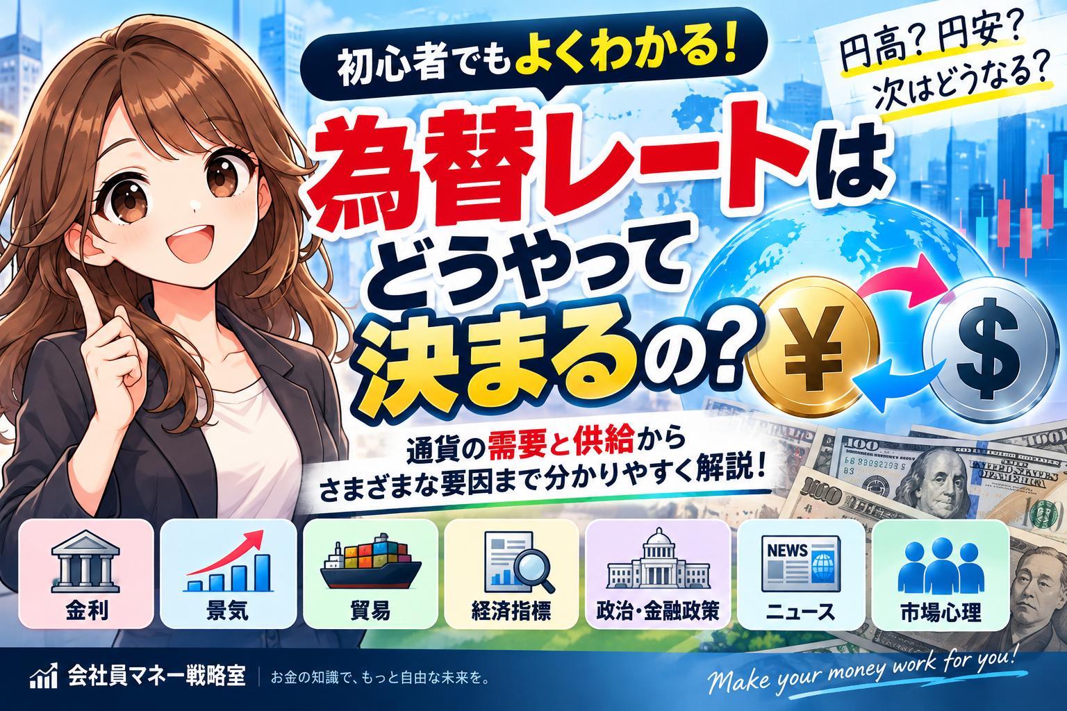 為替レートが決まる仕組みを、需要と供給や金利・景気・貿易などの要因とともに初心者向けに解説。