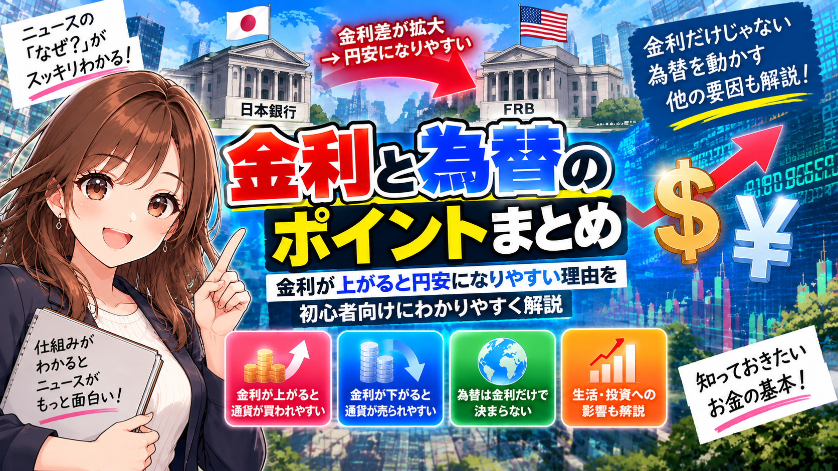 金利と為替の関係を、日米金利差や円安の仕組みとともに初心者向けに解説。