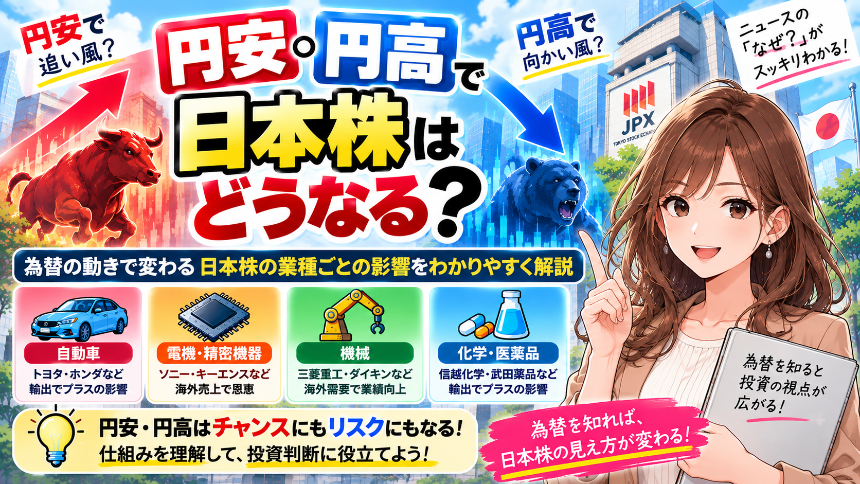 円安・円高が日本株の業種や企業に与える影響を初心者向けに解説。