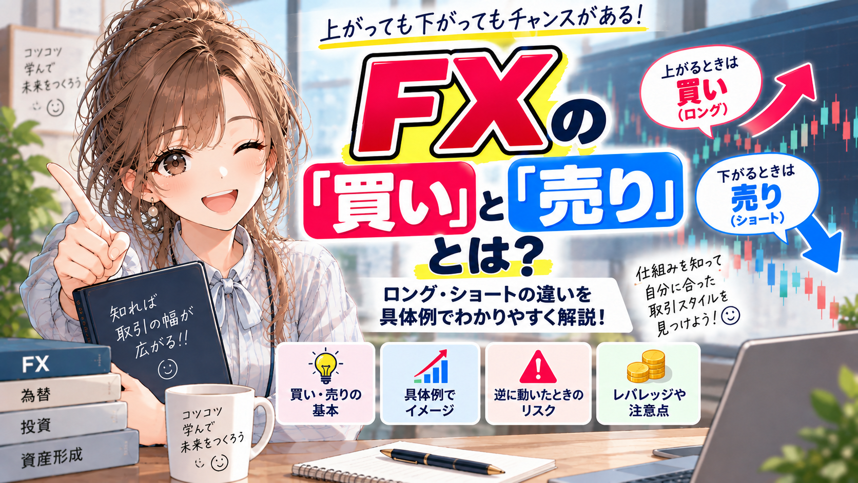 FXの「買い」と「売り」の違いを解説するブログ記事のアイキャッチ画像。案内役の女の子がFXの本を持ち、ロング・ショート、買い・売り、具体例、逆方向に動いたときのリスク、レバレッジなどを紹介している。