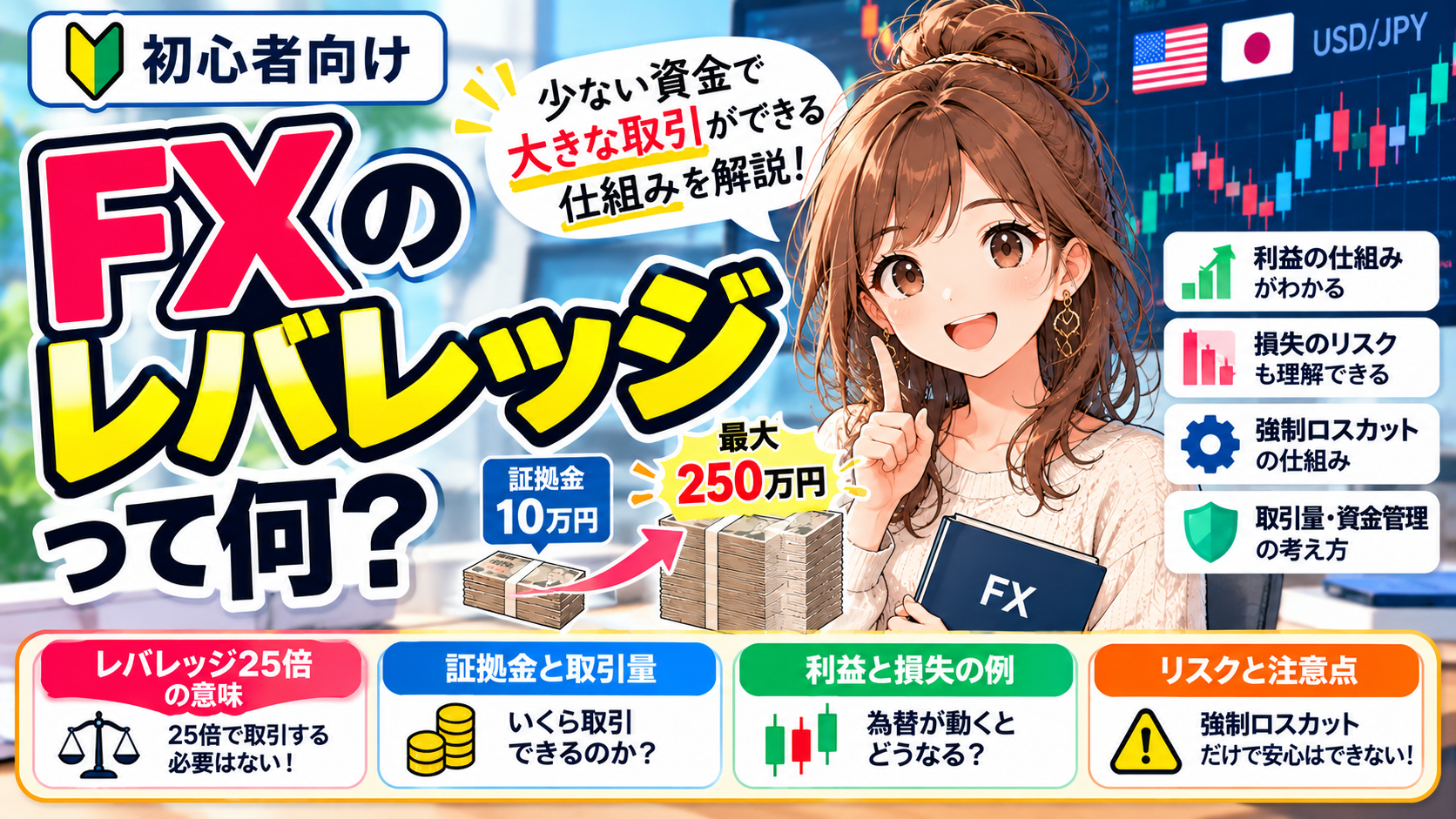 FXのレバレッジとは何かを解説するアイキャッチ画像。案内役の女の子と為替チャートを背景に、証拠金10万円で最大250万円相当を取引できる仕組み、レバレッジ25倍の意味、利益と損失、強制ロスカット、資金管理のポイントを初心者向けに紹介している。