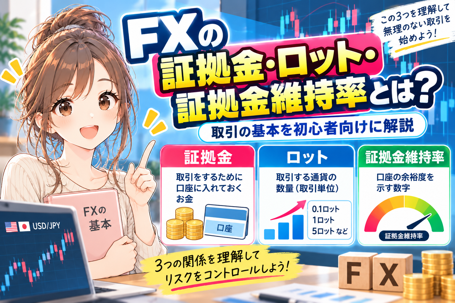 FXの証拠金・ロット・証拠金維持率の関係を女性キャラクターと図解で解説する画像