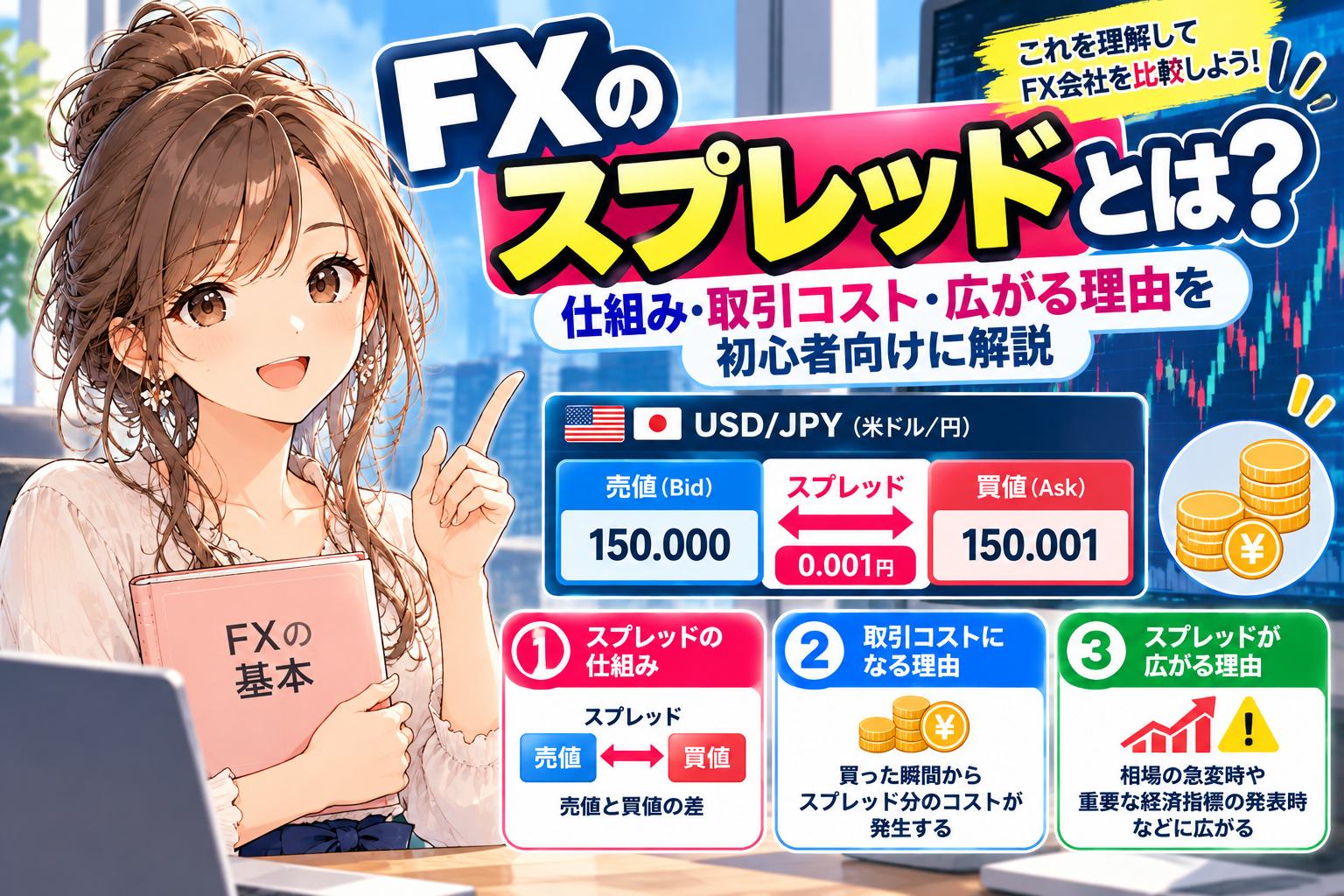 FXのスプレッドの仕組みや取引コストを解説する女の子のアイキャッチ
