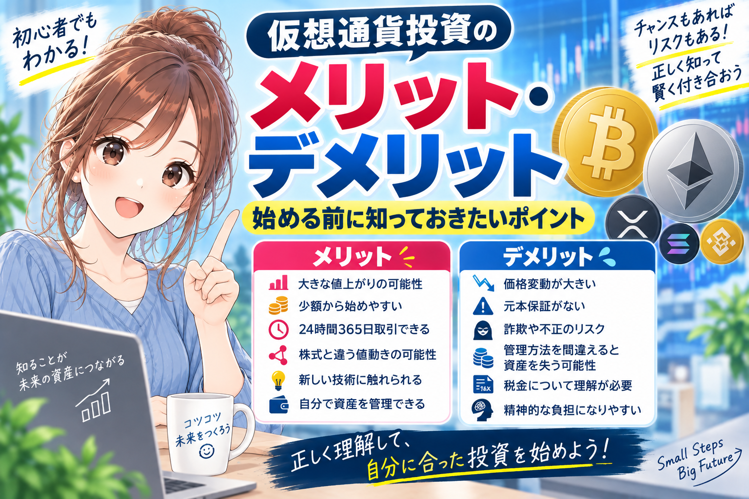 仮想通貨投資のメリットとデメリットを女性キャラクターとビットコインなどの暗号資産、比較パネルで解説する画像