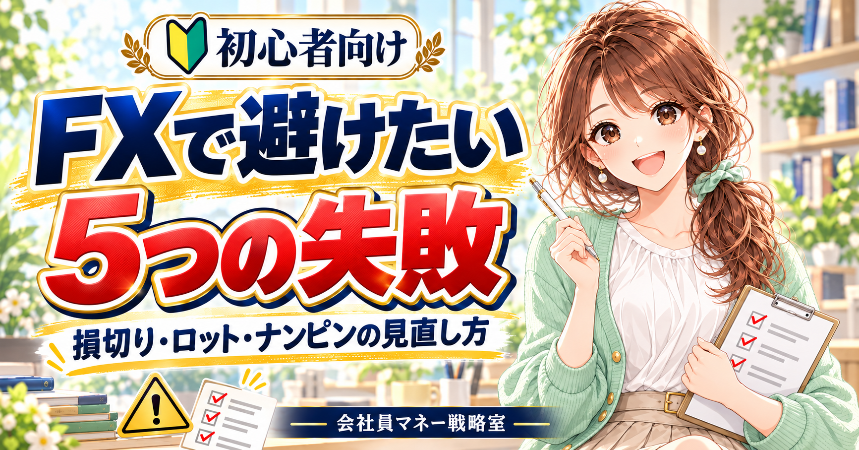 FX初心者が避けたい5つの失敗と、損切り・ロット・ナンピンの見直し方を紹介するイラスト。