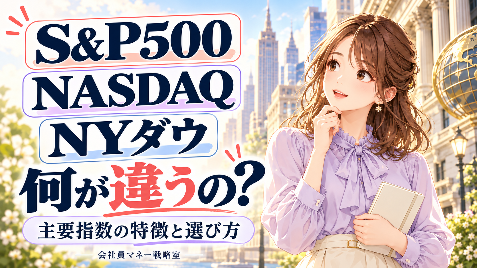 街並みを背景に、ラベンダーのブラウスを着た栗色の髪の女の子が、S&P500・NASDAQ・NYダウの違いを考えるイラスト。