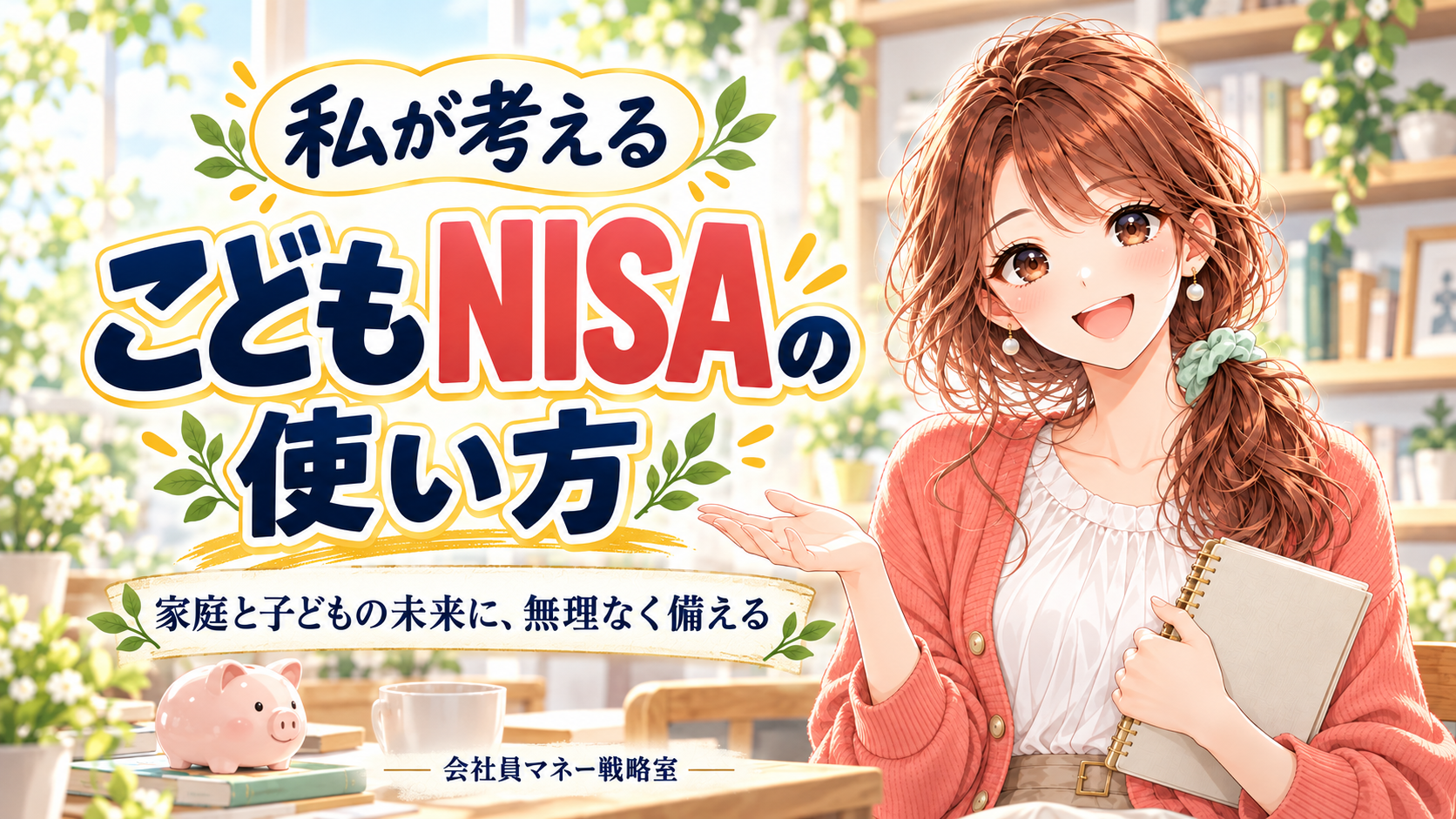 ノートを持った女の子と「私が考えるこどもNISAの使い方」のタイトル。家庭と子どもの未来に無理なく備える記事のアイキャッチ。