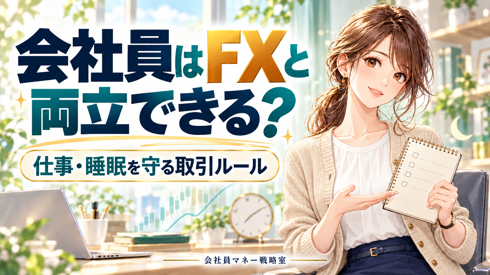 会社員とFXの両立をテーマに、通常頭身の女の子がチェックリストを案内するイラスト。仕事・睡眠を守る取引ルールを紹介。