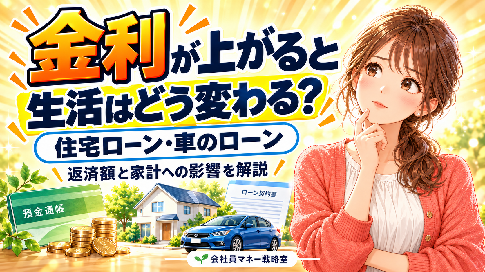 金利上昇による住宅ローン・車のローンと家計への影響を、考える仕草の女の子と住宅・車・通帳で表した画像。