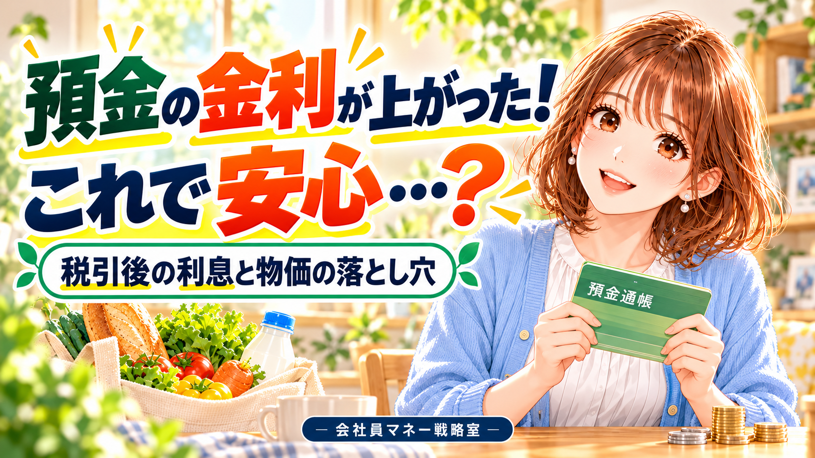 預金通帳を持つ笑顔の女性と、預金金利・税引後の利息・物価の関係を伝える見出し